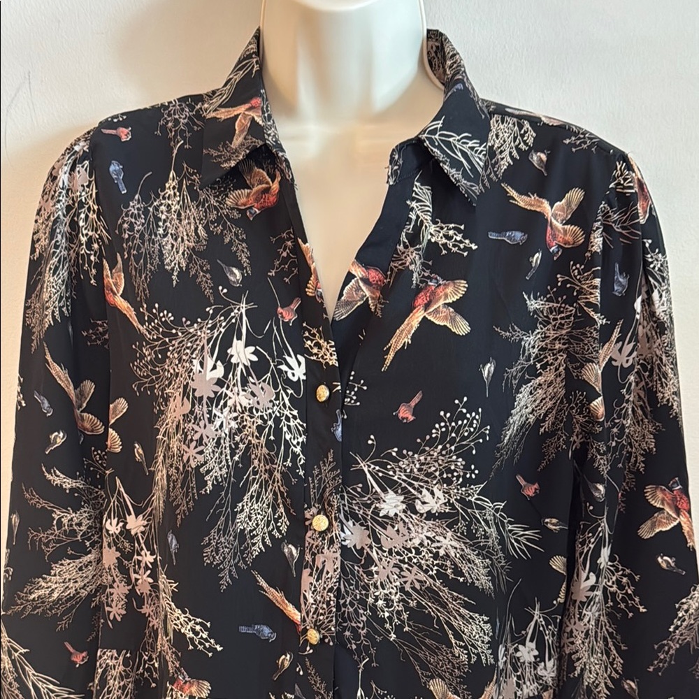 fab'rik Dress Black Botanical & Hummingbird Whimsy Print Mini Shirt Dress Large